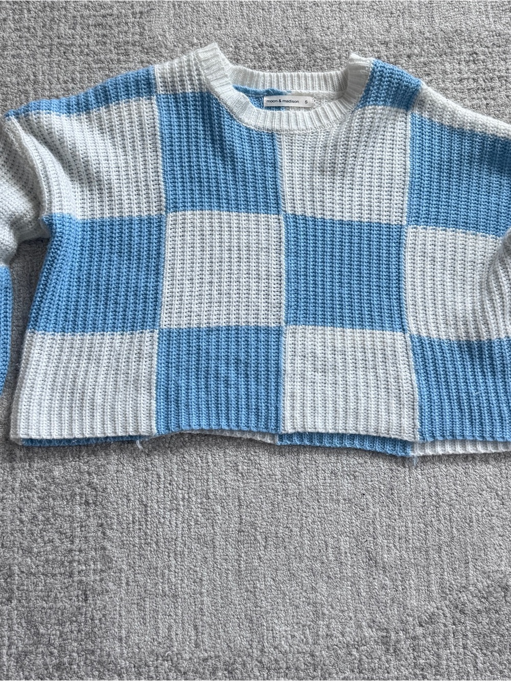 moon & madison Blue and White Check Cropped Crew Sweater